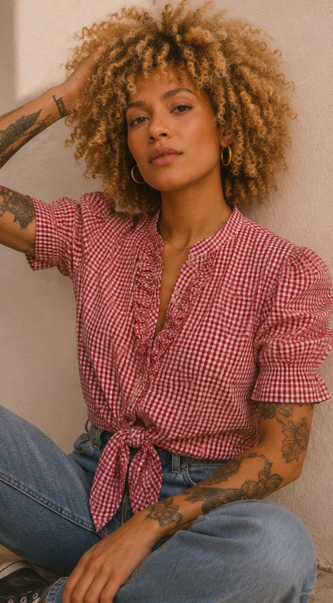 Blusa Vintage Vichy Roja Romántica