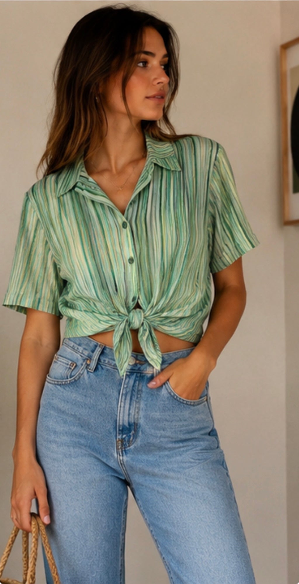 🌿 Camisa Vintage Rayas Verde Agua | Tejido Fluido