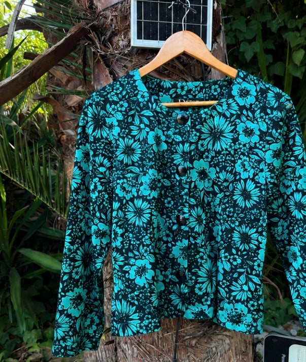 Camisa Vintage DÉBUT Floral Turquesa & Negro · Made in U.K.
