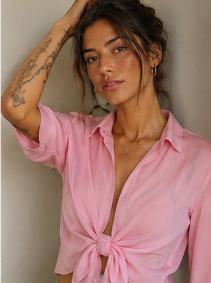 Camisa Vintage Rosa Pastel Anudada 90s