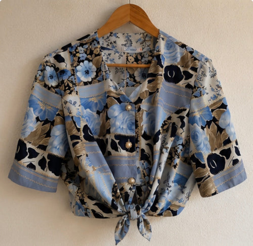 Camisa Vintage Floral Azul Porcelana 90s