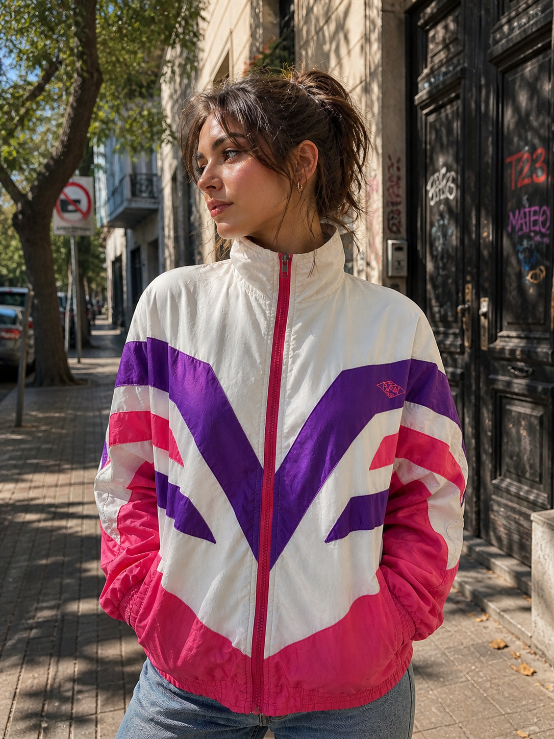Chaqueta vintage 90s color block rosa blanco morado estilo retro sport