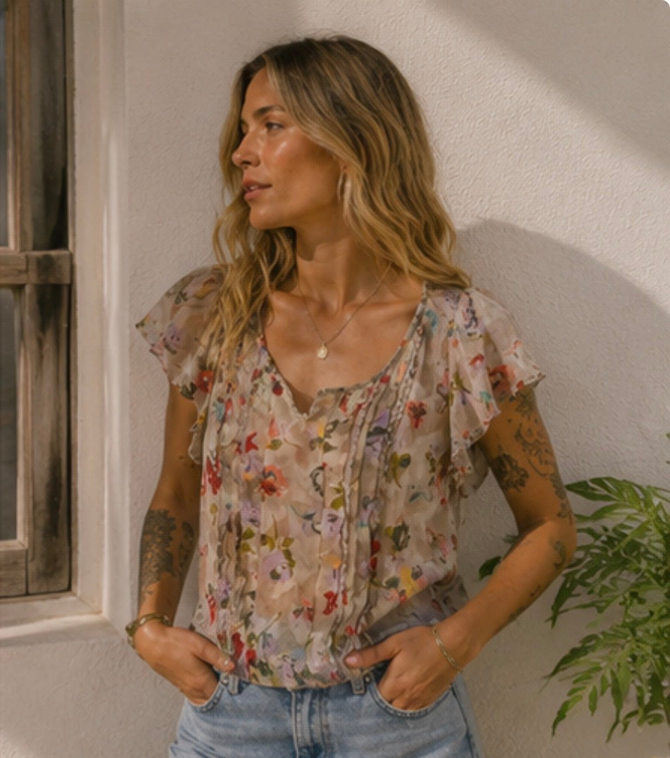 Blusa vintage floral semitransparente boho romántica