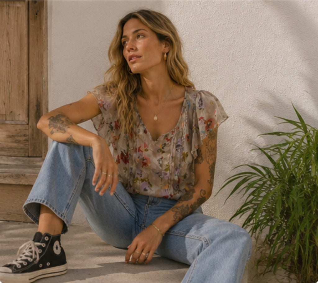 Blusa vintage floral semitransparente boho romántica