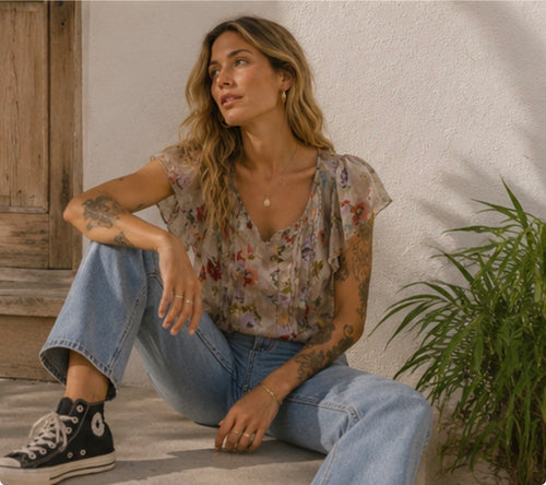 Blusa vintage floral semitransparente boho romántica