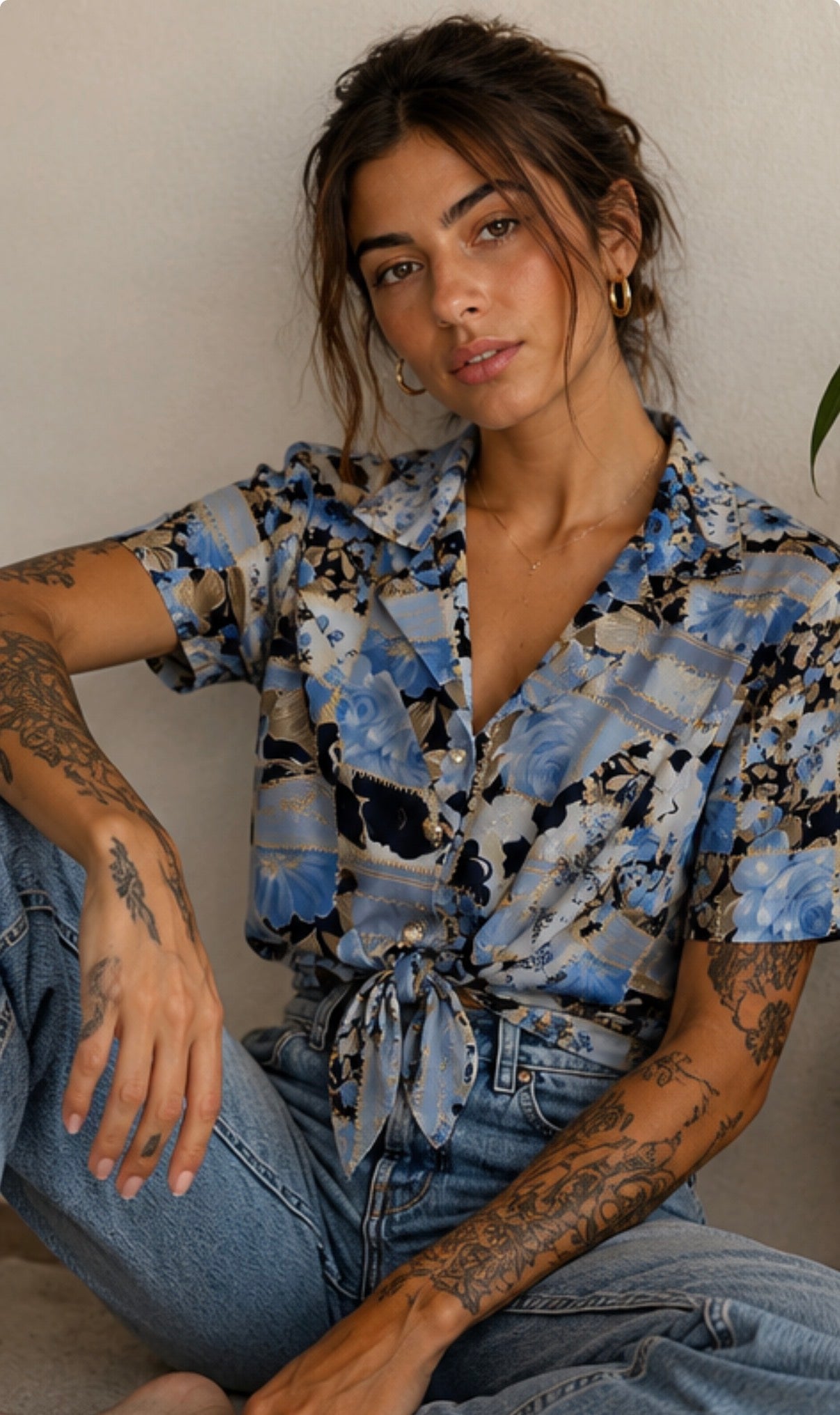 Camisa Vintage Floral Azul Porcelana 90s