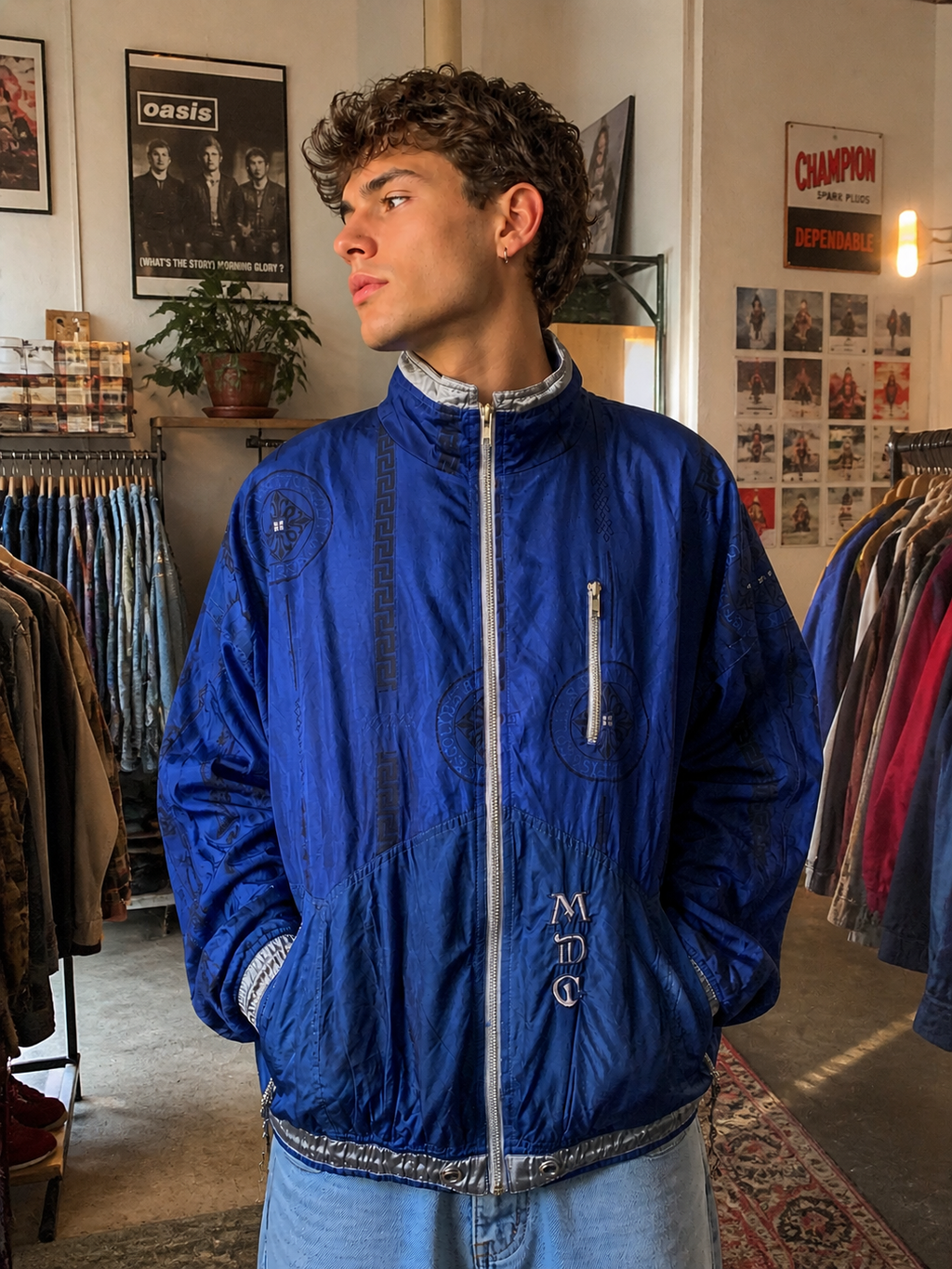 Chaqueta vintage 90s azul estampado geométrico MDC Saint Tropez estilo retro windbreaker