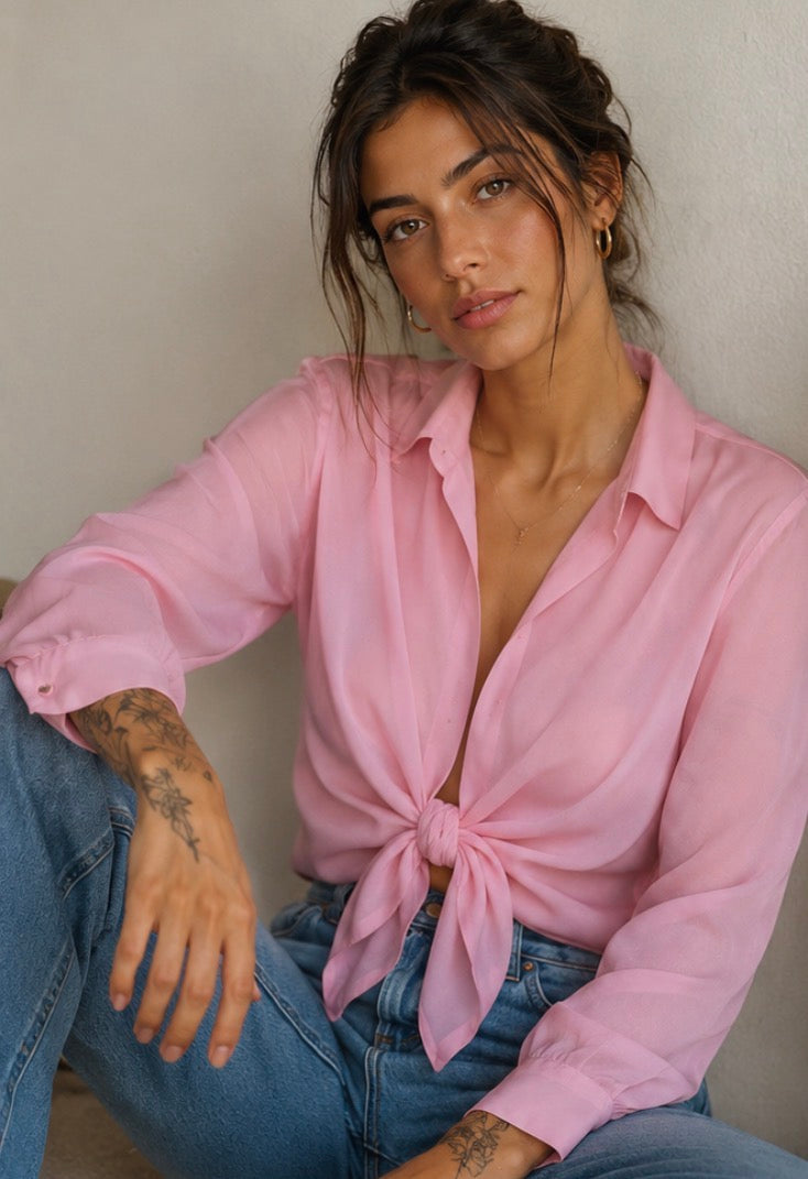 Camisa Vintage Rosa Pastel Anudada 90s