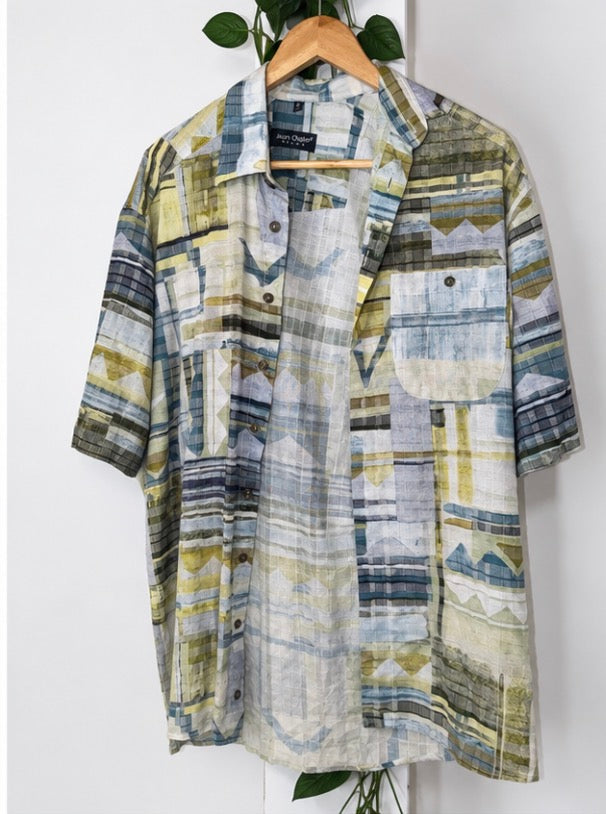 Camisa Vintage Jean Châtel Relax Estampada Azul y Verde