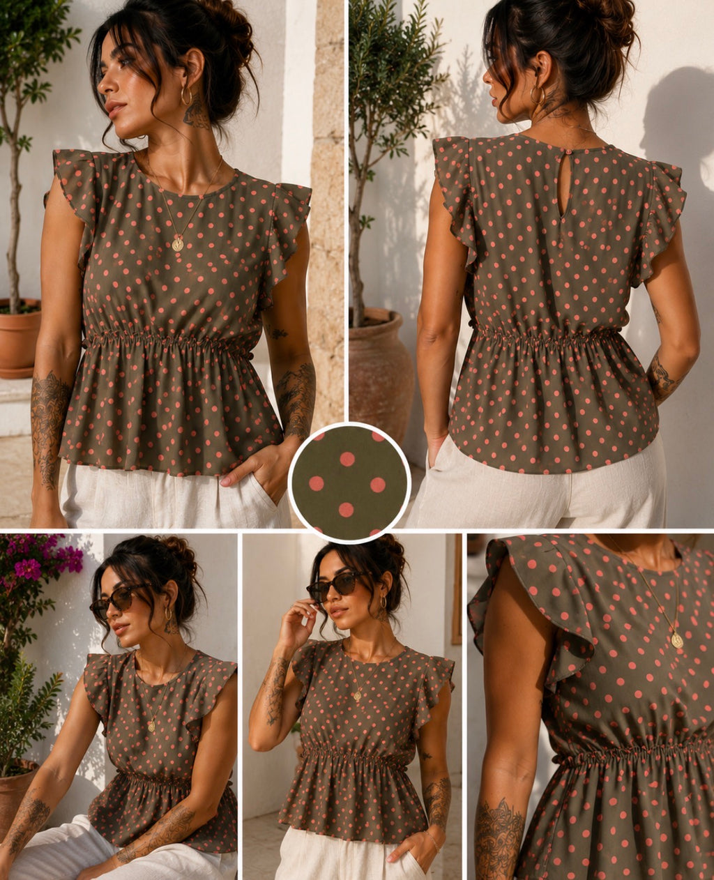 Top Vintage New Collection Italia verde caqui con lunares rosa | Volantes | Talla S/M