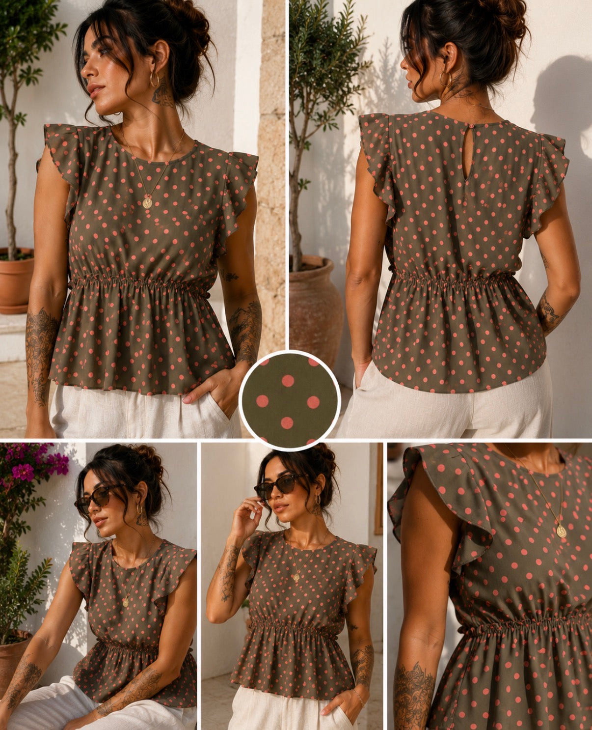Top Vintage New Collection Italia verde caqui con lunares rosa | Volantes | Talla S/M