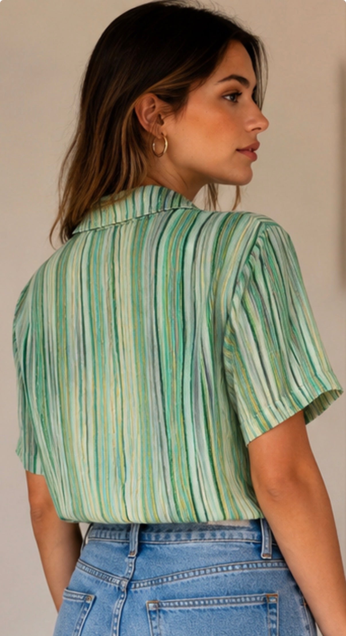 🌿 Camisa Vintage Rayas Verde Agua | Tejido Fluido