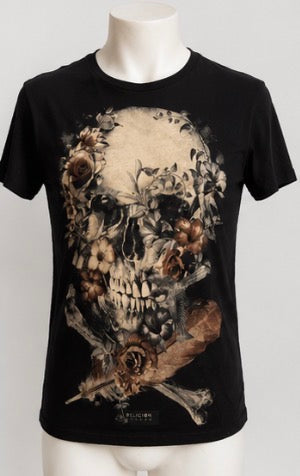 Camiseta Religion London Calavera Floral Negra | Talla S