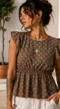 Top Vintage New Collection Italia verde caqui con lunares rosa | Volantes | Talla S/M
