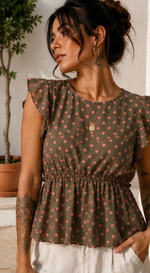 Top Vintage New Collection Italia verde caqui con lunares rosa | Volantes | Talla S/M
