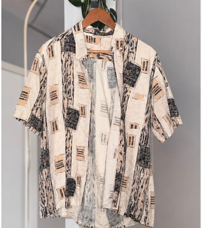 Camisa Vintage Oversize Beige Estampado Geométrico Hombre
