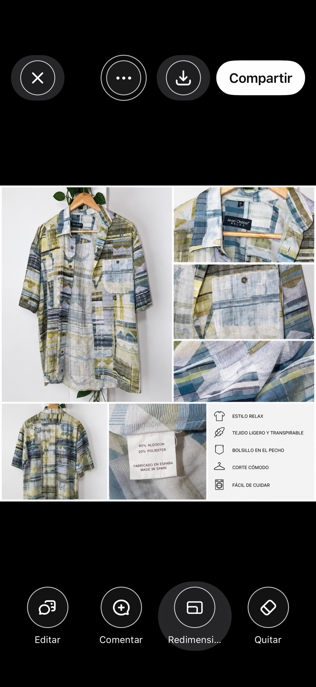 Camisa Vintage Jean Châtel Relax Estampada Azul y Verde