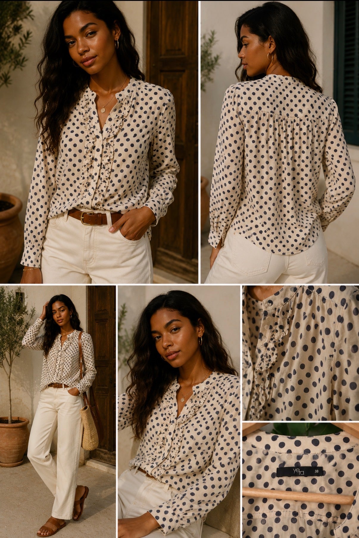 Camisa Vintage Yera Beige Lunares Negros con Volantes | Talla 38