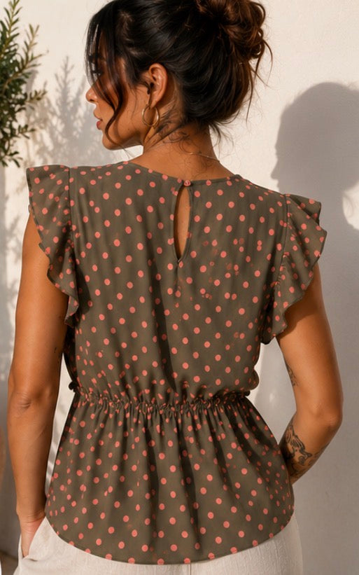Top Vintage New Collection Italia verde caqui con lunares rosa | Volantes | Talla S/M