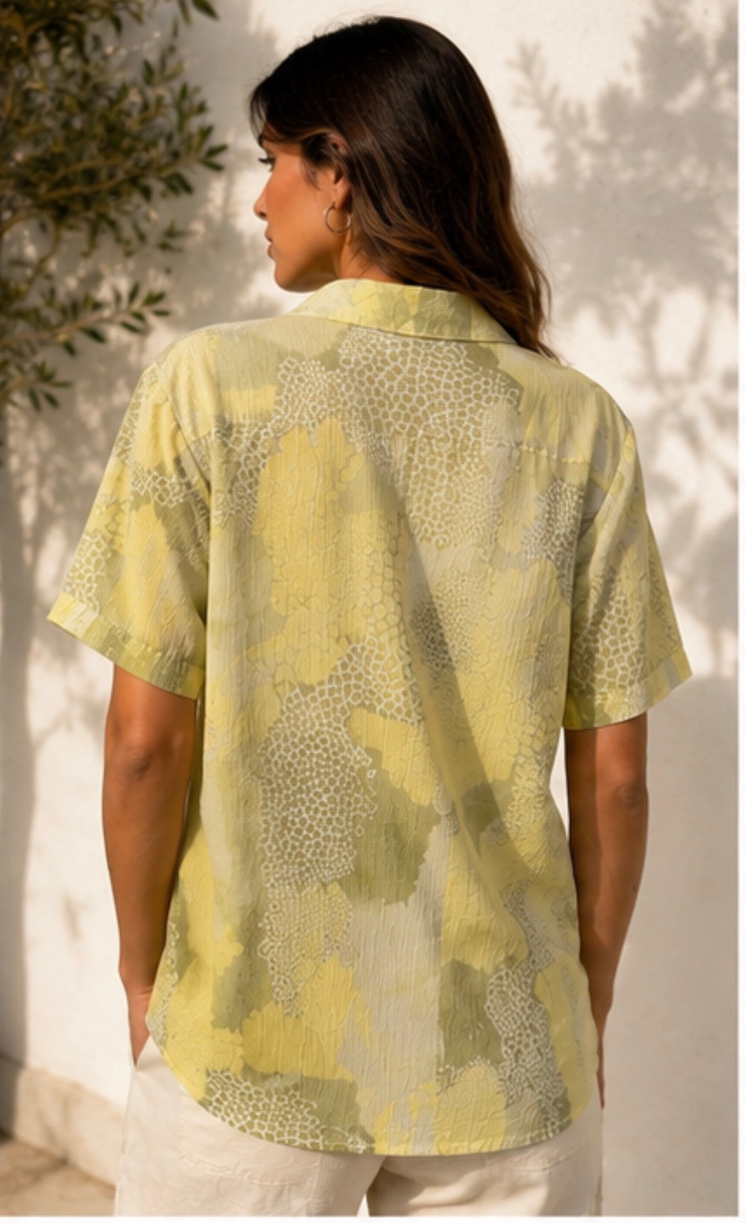 Camisa vintage estampada verde pistacho y amarillo | Talla 46
