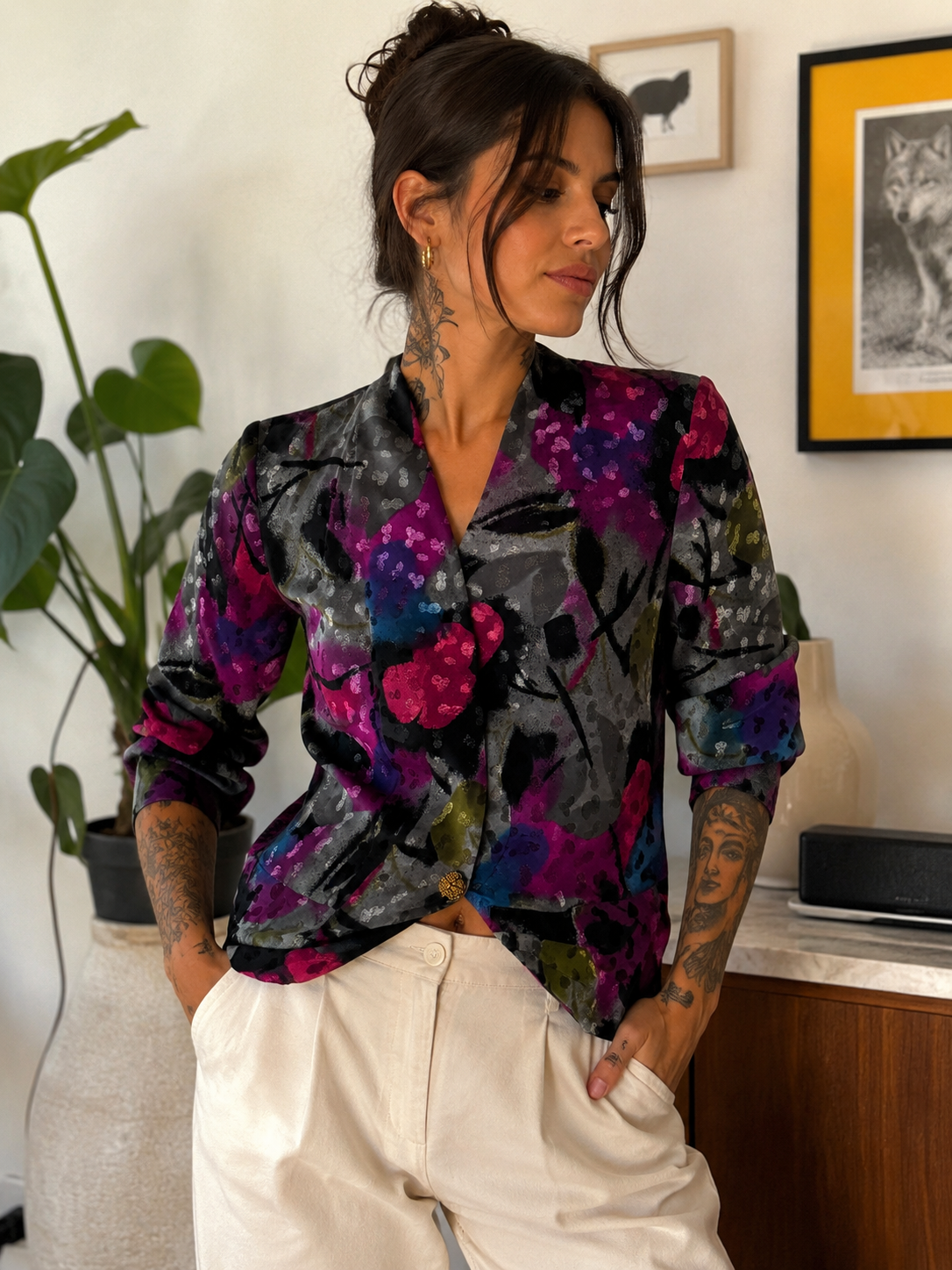 Blazer Vintage Estampado Artístico | Botón Joya | Años 90