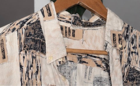 Camisa Vintage Oversize Beige Estampado Geométrico Hombre