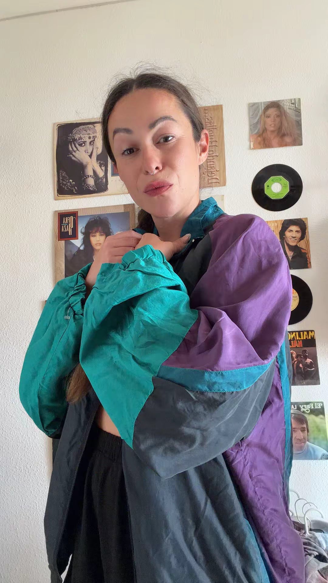 Chaqueta vintage seda 90s Silk Express multicolor oversize retro