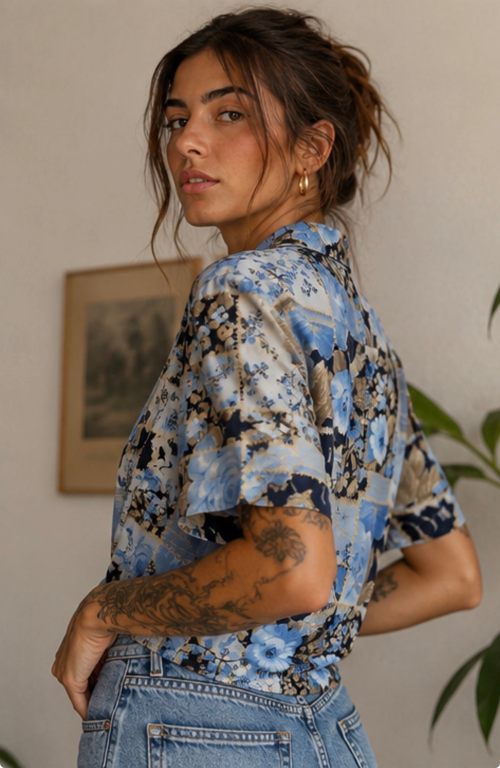 Camisa Vintage Floral Azul Porcelana 90s