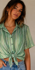 🌿 Camisa Vintage Rayas Verde Agua | Tejido Fluido
