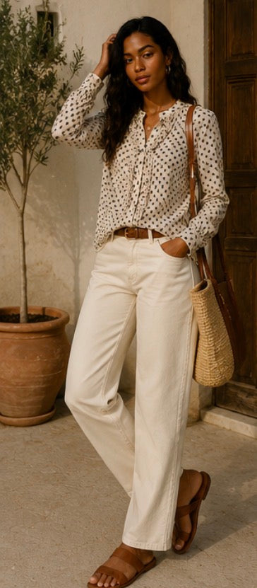 Camisa Vintage Yera Beige Lunares Negros con Volantes | Talla 38