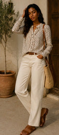 Camisa Vintage Yera Beige Lunares Negros con Volantes | Talla 38