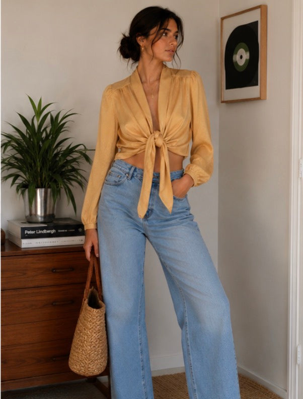 ✨ Blusa Vintage Mostaza Anudada | Manga Abullonada
