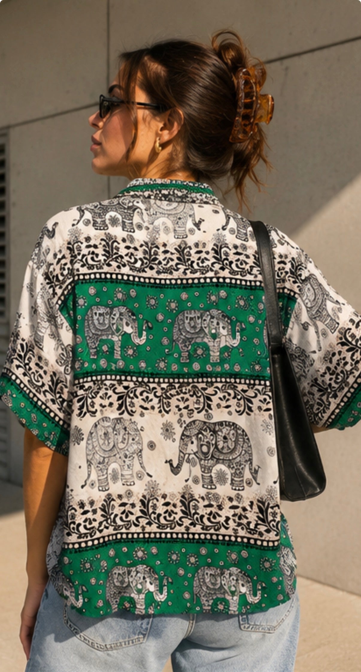 Camisa Boho Elephant Print Vintage Green