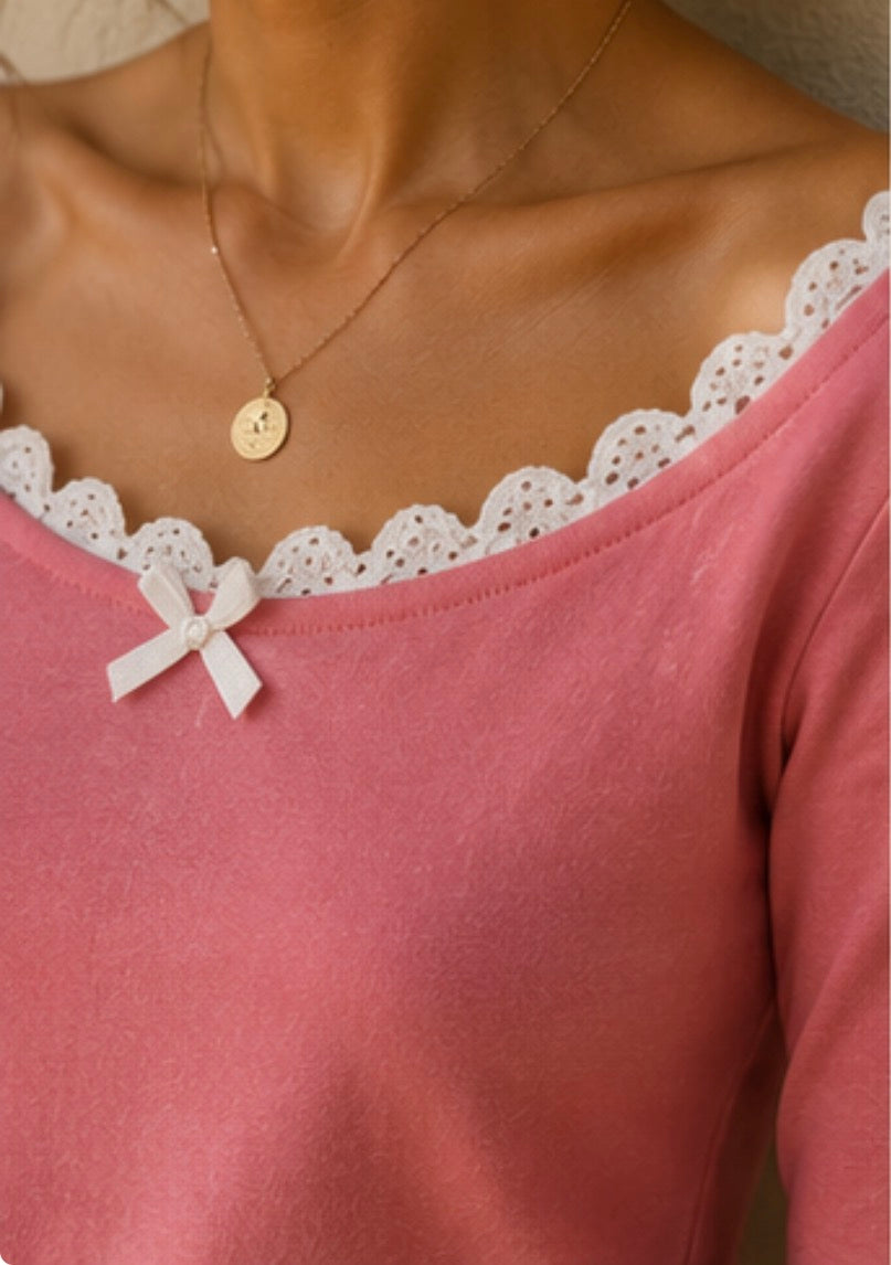 Camiseta rosa coquette manga larga Blanco Y2K