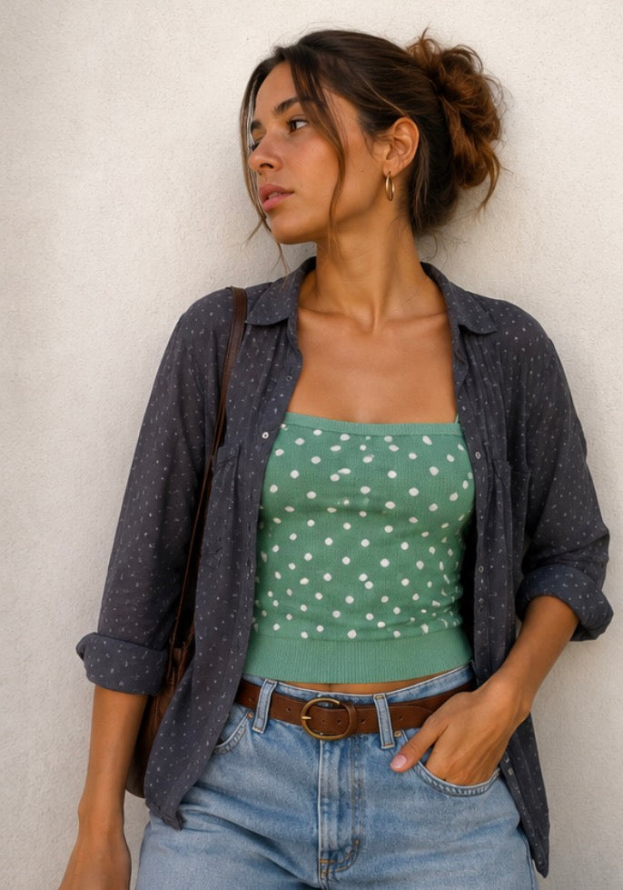 Blusa Brownie Gris Microprint Vintage