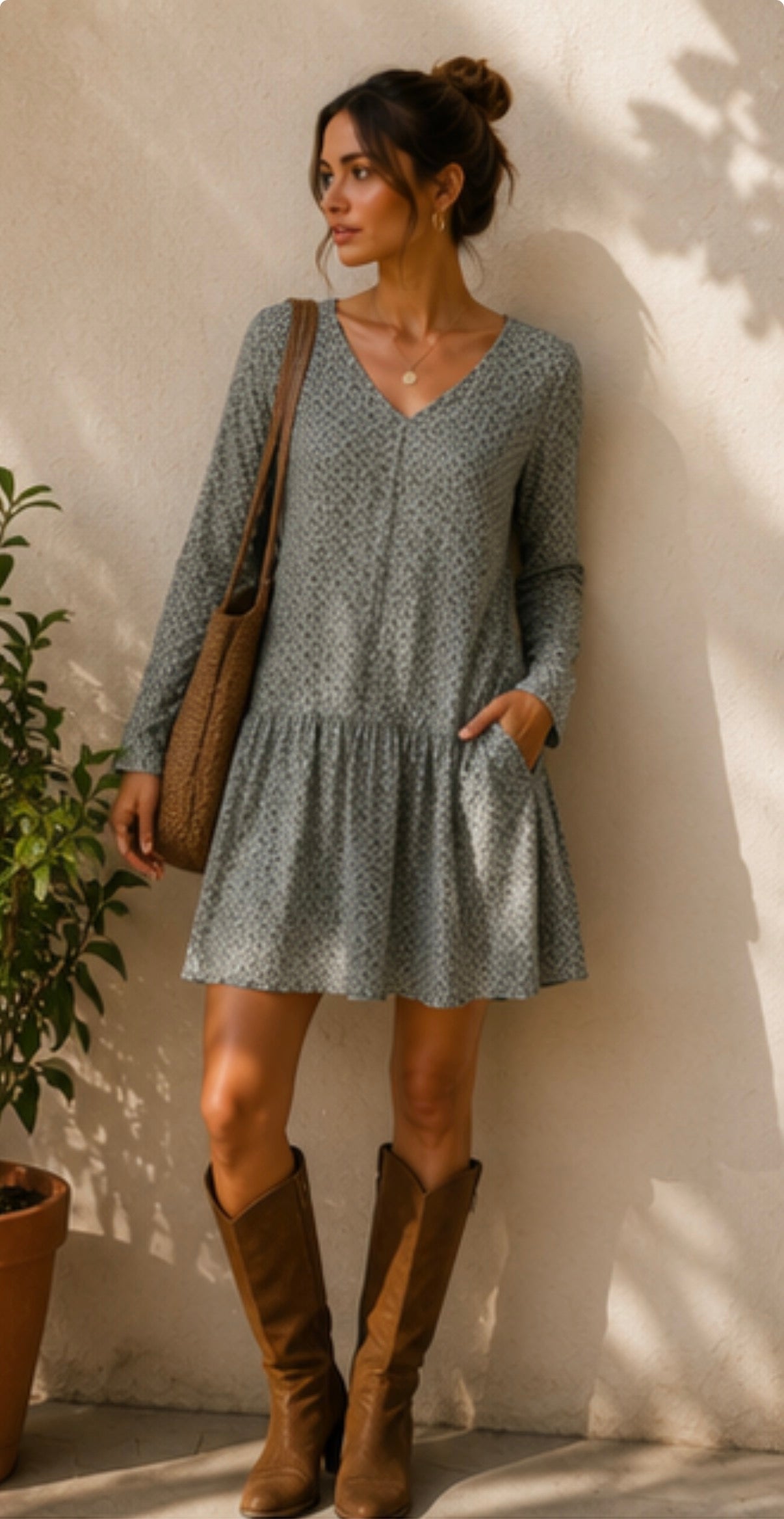 Vestido mini vintage verde salvia estampado boho