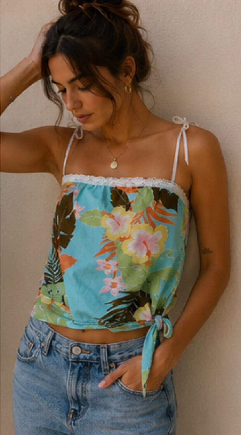 Top tropical floral lace vintage Y2K Blanco