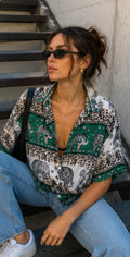 Camisa Boho Elephant Print Vintage Green