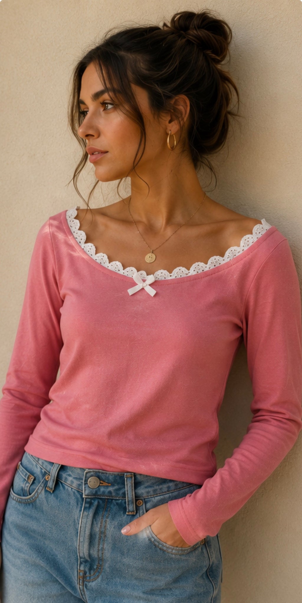 Camiseta rosa coquette manga larga Blanco Y2K