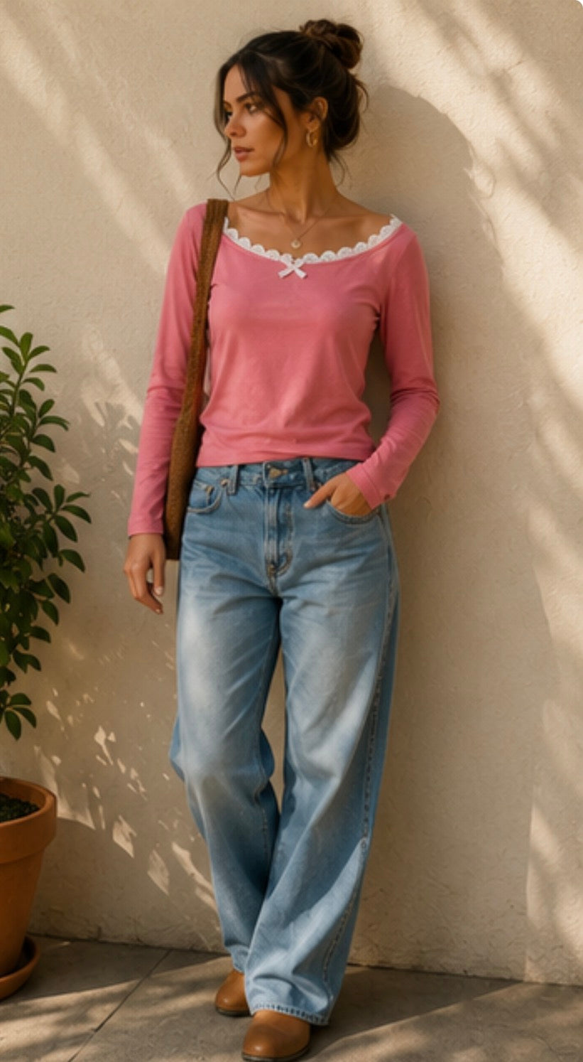 Camiseta rosa coquette manga larga Blanco Y2K