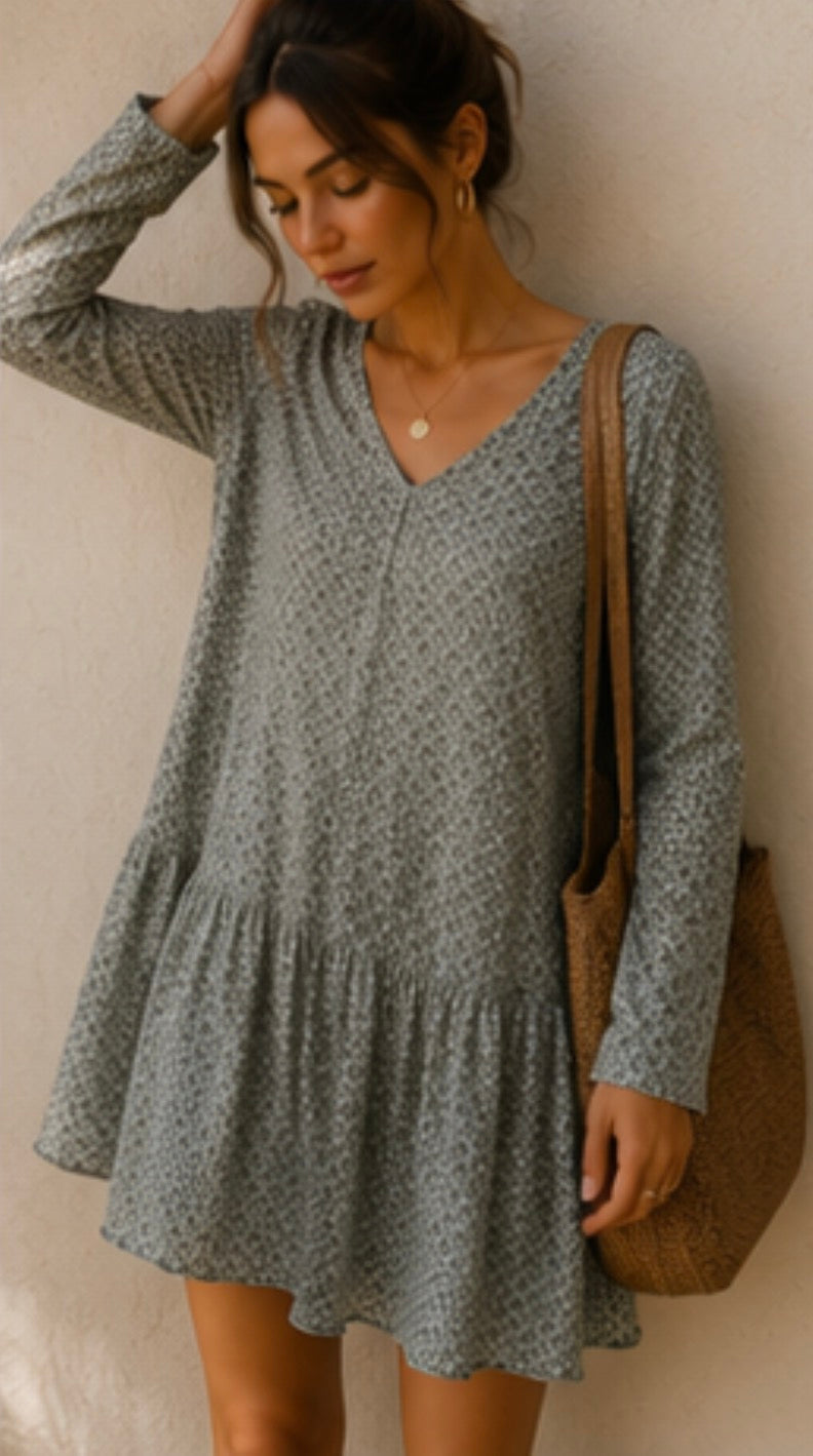 Vestido mini vintage verde salvia estampado boho
