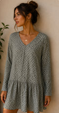 Vestido mini vintage verde salvia estampado boho