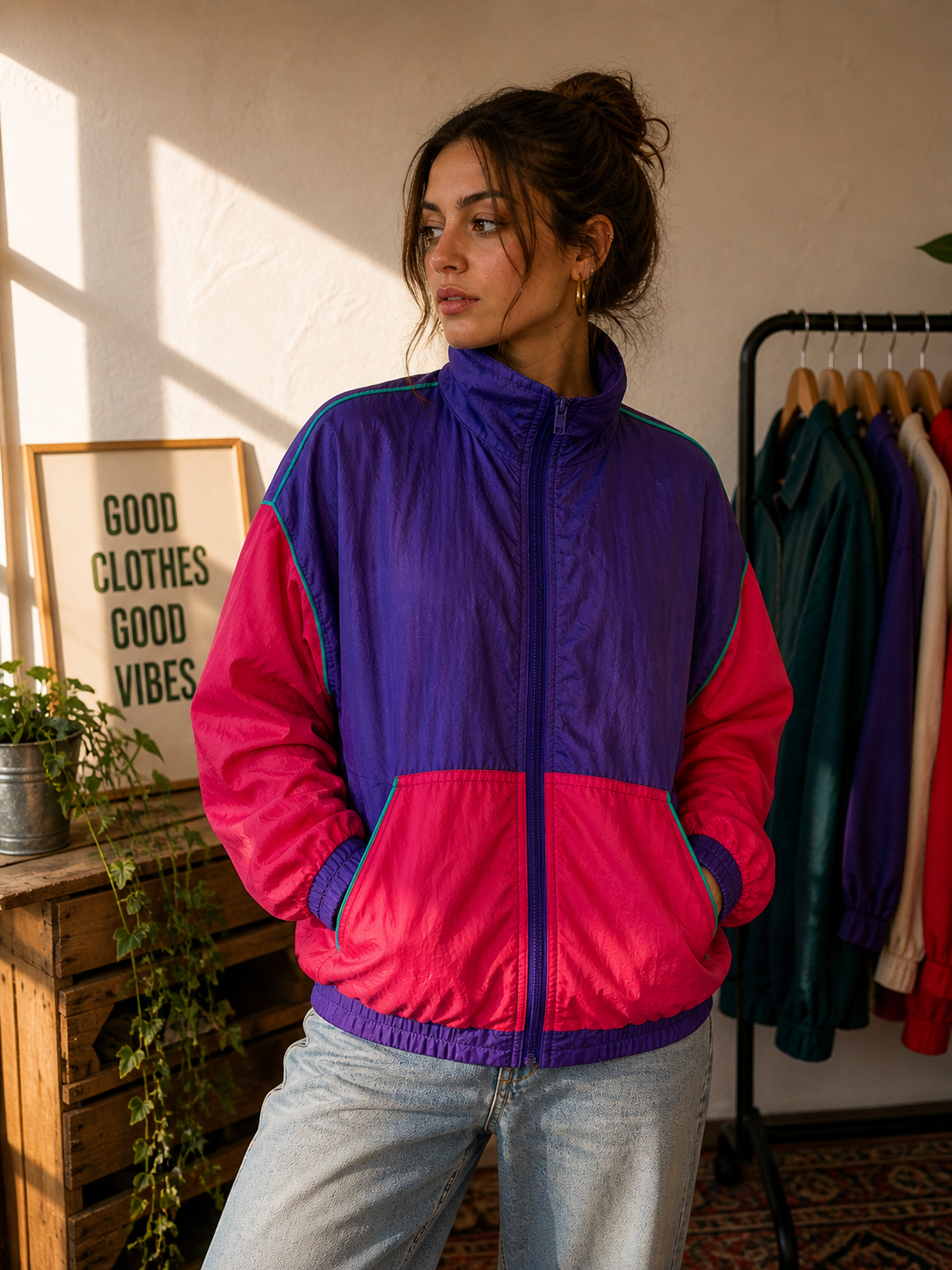 Chaqueta vintage 90s WINTERSET color block azul y rosa estilo retro sport