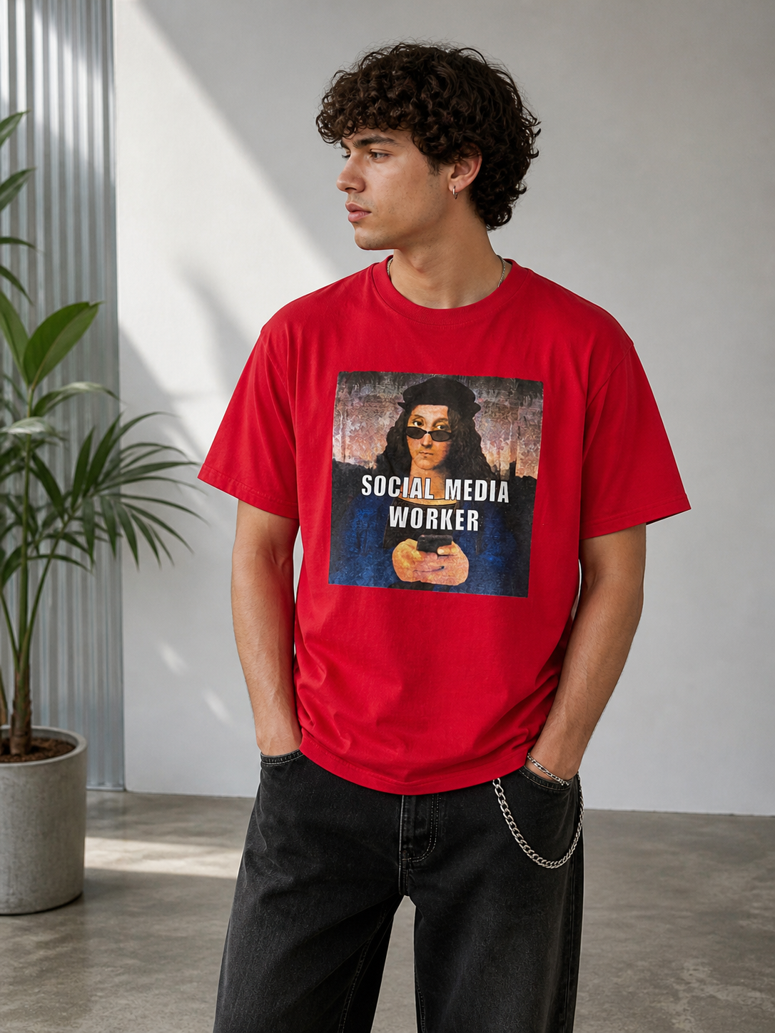 Camiseta vintage roja “Social Media Worker” print artístico oversize
