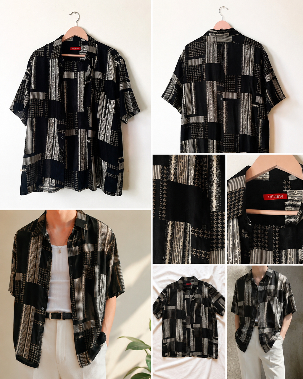 Camisa Vintage Oversize Estampado Geométrico Blanco y Negro | RENEW