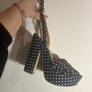 Sandalias Vintage de Tacón Alto Azul Marino con Lunares – Talla 36